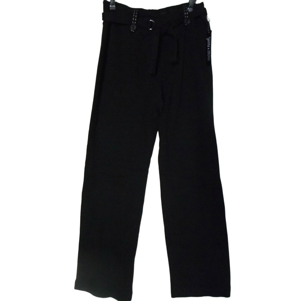 Yarns & Stitches Knit Pants Womens Small x 32" Black w/White Topstitching & belt